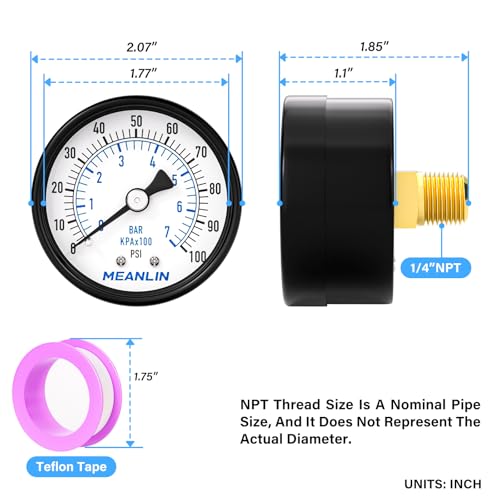 Image of MEANLIN MEASURE 0-100Psi Well Pump Pressure Gauge 1 /4 inch NPT 2 inch FACE DIAL for Well Pump Water Tire Water Pressure Tester Back Mount, with Teflon Tape