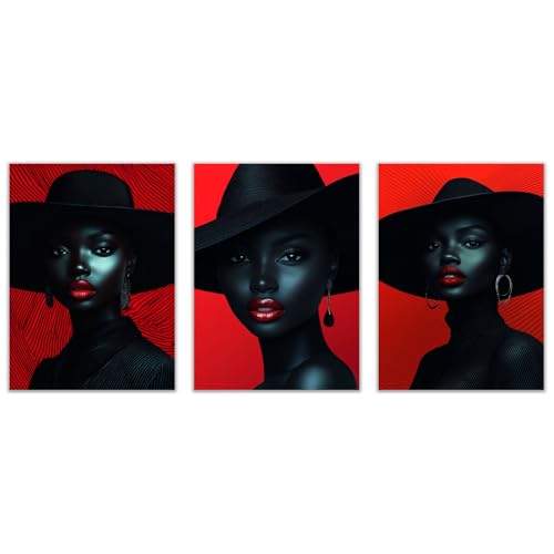 Tableau triptyque femme noire moderne déco salon chic toile rouge 60x90