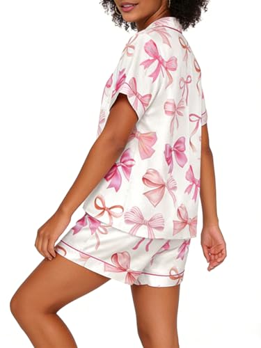 Image of Yiulangde Women's Easter Pajamas 2 Piece Sets Satin Short Sleeve Preppy Easter Eggs Bunny PJs Outfit Button Up Loungewear Set