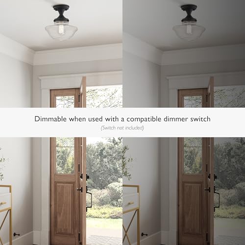 Image of Design House Vintage-Inspired Schoolhouse Semi-Flush Mount Ceiling Light, 9 in x 9 in x 10 in, Matte Black, Clear Seeded Glass Shade, 587444