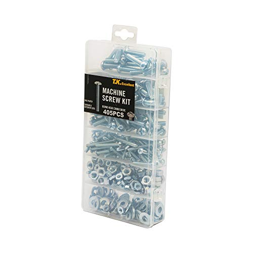 T.K.Excellent Machine Screw and Hex Nut and Flat Washer #8-32 to #1/4-20 Phillips-Slotted Round Head Combo Drive Bolt Assortment Kit,405 Pcs