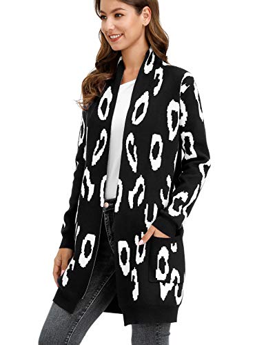 Women Long Sleeve Open Front Leopard Knit Long Cardigan(S,Black Leopard)