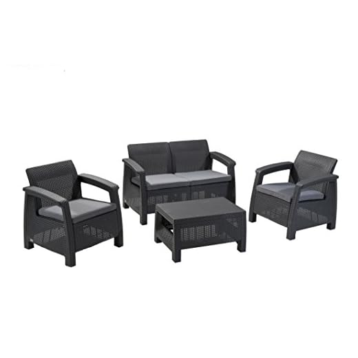 Keter GF06784 Corfu Outdoor 4 Seater Rattan Sofa Furniture Set with Accent Table - Graphite with Cream/Mushroom Cushions