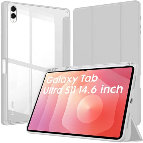 Image of Robustrion Cover Case for Samsung Galaxy Tab S11 Ultra 14.6 inch Cover with [S-Pen Holder], Hybrid Flip Cover Case for Samsung S11 Ultra Tablet 14.6 inch with Transparent Back [Auto Sleep Wake] - Grey