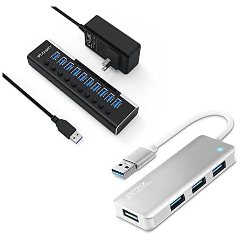 ROSONWAY Aluminum 10 Port USB Hub + + Aluminum 4 Port Ultra Slim USB 3.0 Data Hub Cover