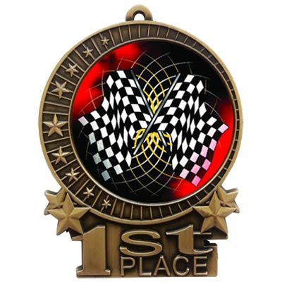 Express Medals 3 inch Checkered Flag Race Car 1st Place Gold Medal with Neck Ribbon Award XMD (5-Pack)