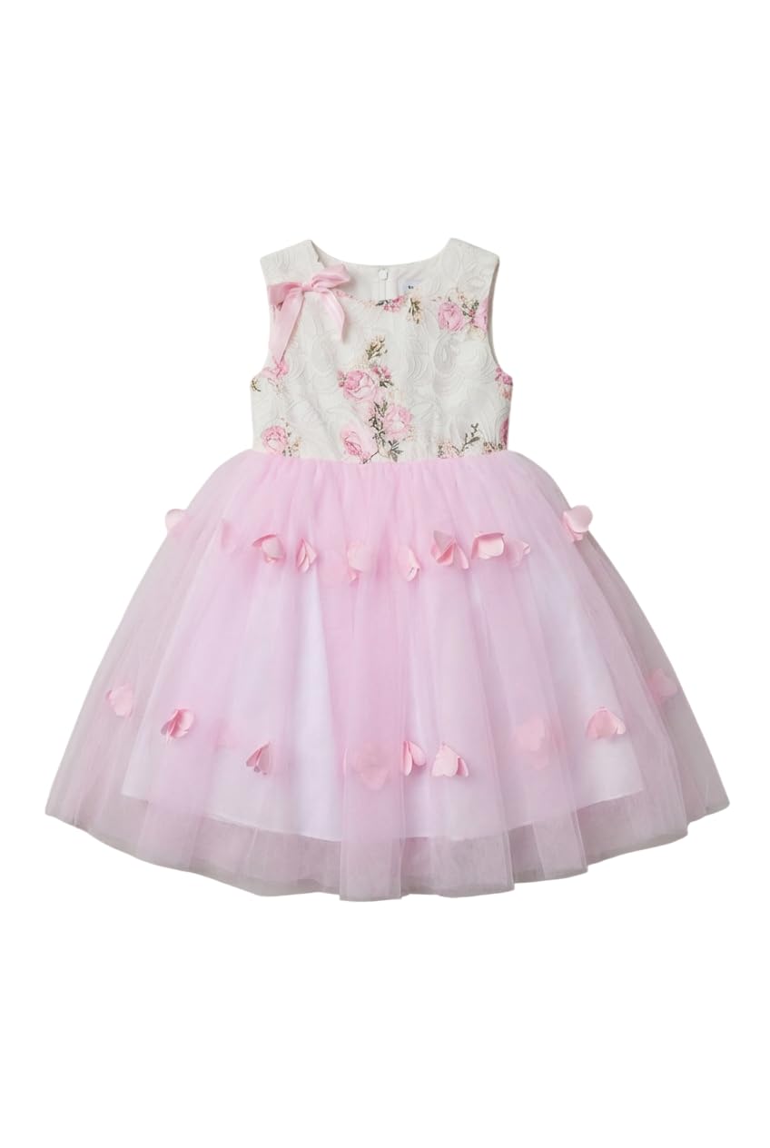 SIRRI Abito da Cerimonia Rosa in Tulle Floreale per Bambina con Dettagli a Petali e Fiocco sul Retro.