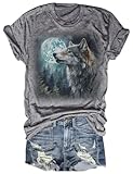 Women's Wolf 90s Vintage T-Shirt Retro Funny 2000s Nature Wolf Lovers Graphic Tee Tops Tops(B-Grey,L)