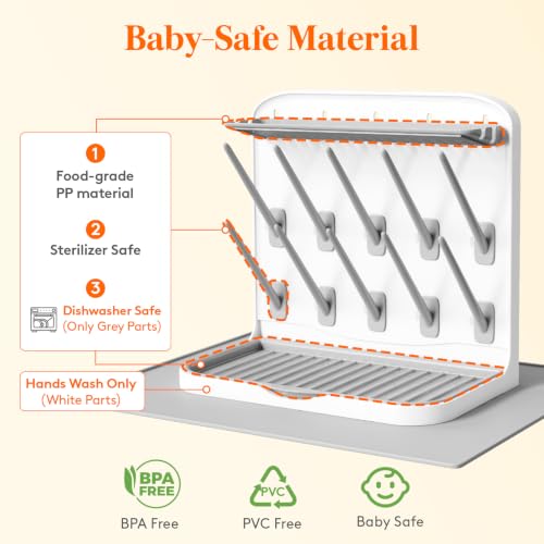 Image of Lifewit 10-Hooks Baby Bottle Drying Rack with Drain Mat for Countertop | Vertical Bottle Storage Organizer, Stand-Up Dryer Holder for Pacifiers, Pump Parts, Baby Stuff, Newborn Essentials Must Haves