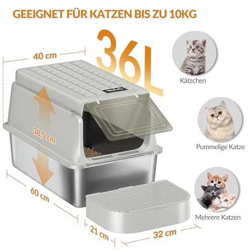Fobyfurny Katzenklo Edelstahl, XXL Katzentoilette, 60x40x38,5cm, Cremegrau – Ansicht 5