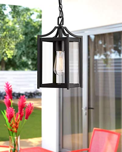 Osimir Outdoor Pendant Light, 14" Large Modern Outdoor Hanging Porch Light With Adjustable Chain, Exterior Outdoor Hanging Light In Black Finish And Clear Glass, 2439/1H #TOP6
