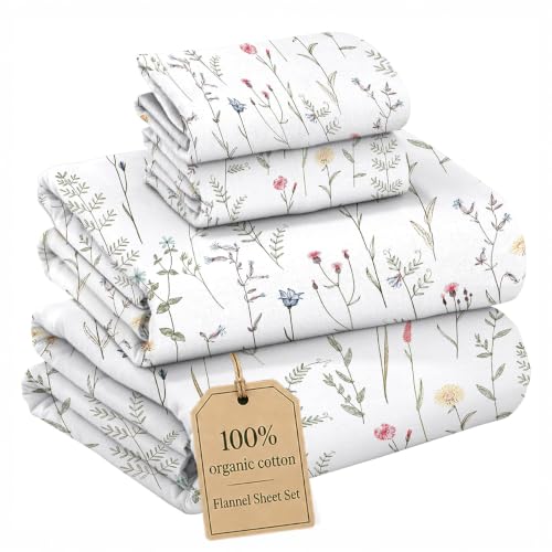 RUVANTI 100% Organic Cotton Flannel Sheets Cal King Size Set, Linen Blooms