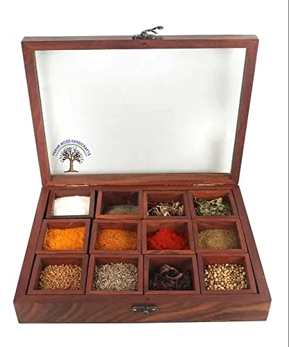 Fakhr Wood Handicrafts Wooden Spice Box for Kitchen Table Top Masala Box with Spoon Antique Lock, Multipurpose storage Box for Spices - 12 container