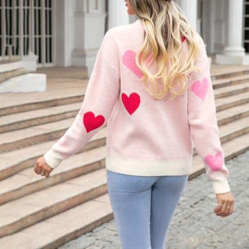 Image of Women's Valentine Love Print Heart Fun Sweater Casual Crewneck Long Sleeve Knit Sweatshirts Pullover Tops