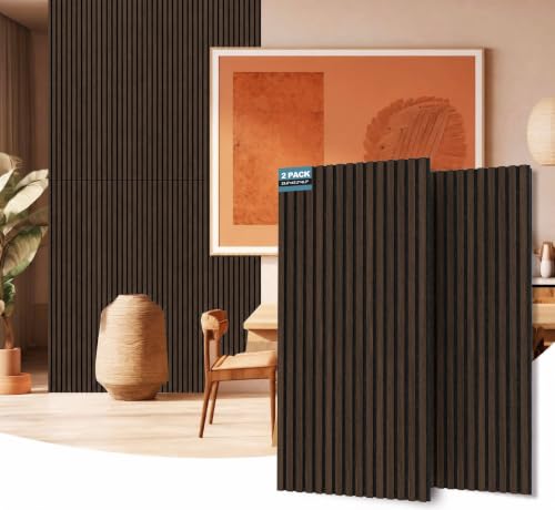 Image of AKUMAX Extra-Thick 0.7 inch Wood Slat Acoustic Wall Panels, 2 Pack 47.2 inch x 23.6 inch, 15.5 ft, NRC 0.80 Sound Absorbing 3D Slat Wall Paneling with Real Wood Veneer, E0 MDF and PET Felt, Black Walnut
