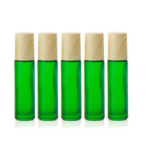 Essential Oil Roller Bottles,5 Pack 10ml Colorful Frosted Glass Roller Bottles with Stainless Steel Roller Balls,Wood Grain Lid Perfume Roll on Bottles Lip Balms Container (Green frosted)