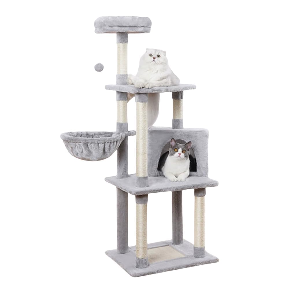 Mumoo Bear Cat Tree with Large Hammock, Multi-Level Cat Tower for Indoor Cats, Cat Condo with Sisal-Covered Scratching Posts and Top Perch, Light Gray