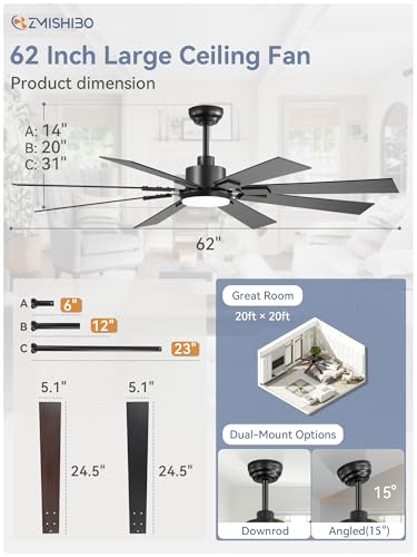 ZMISHIBO 62 inch Large Ceiling Fans with Lights and Remote, Indoor/Outdoor Black Modern Ceiling Fan for Kitchen Living Room Patio, 6 Speed Reversible Quiet DC Motor, 3 CCT, Dual Finish 8 Blades - Image 4