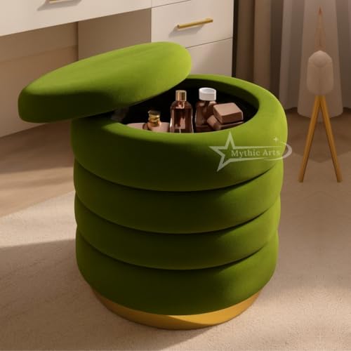 Image of Round Velvet Single-Strip Office Stool Foot Rest Stool, Linen Fabric Padded Seat Pouf Ottoman, 15 X 15 X 19 inch, Round Shape for Living Room, Office, etc. Pista Green