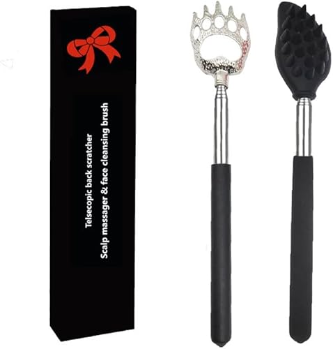 Telescope Back Scratcher 2 Packs Bear Claw Silicone Head Scalp Massager in Metal and Silicone for Itchy Back/Neck/Head/Shoulder/Body Black for Women Men