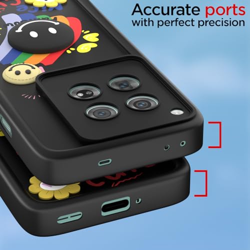 Image of Pikkme Back Cover for OnePlus 12 5G | Soft Silicone| Cute Rainbow Smile & 3D Cartoon Flower Design | Shockproof Raised Camera Protection Bumper Case (Black)