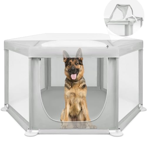 69.3"x69.3"x34.65" Extra Large Dog Playpen Indoor, Tall Puppy Playpen with Removable Roof, Sturdy Fabric Dog Pen for Medium to Large Pets, Spacious Hexagonal Pet Playpen Indoor for Comfort & Security