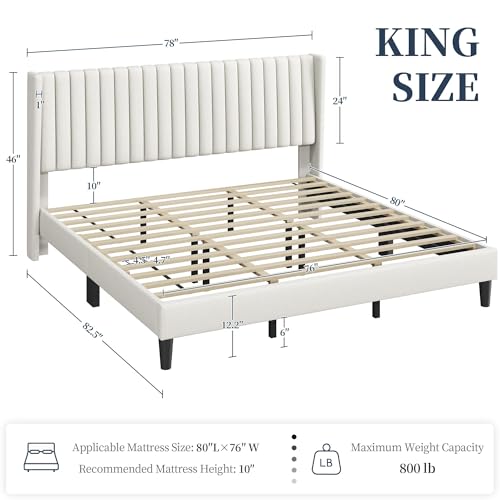 Image of Yaheetech King Bed Frame with Headboard, Ivory Channel-Tufted Platform