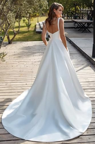 Wedding Dress for Bride 2025 Boho Beach Spaghetti Straps A Line V Neck Satin Bidal Gowns with Train2