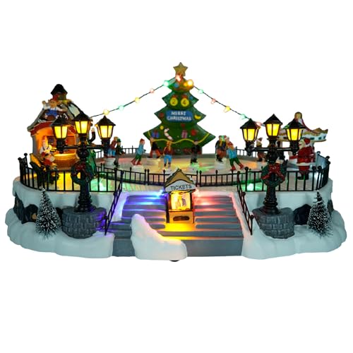HKFGSHOP Lago de patinagem animada de Christmas Village, cena de pista de gelo de Christmas Snow Village, com luzes LED e música natalícia, esquiador giratório, adiciona atmosfera natalícia