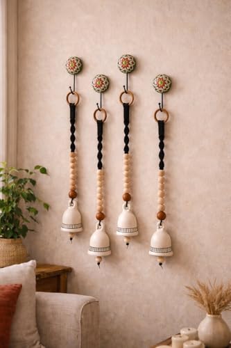 Image of Handmade Ceramic Bell Hanging | Traditional Boho Home & Balcony Decor with Wooden Beads | Set of 4 with Ceramic Hooks
