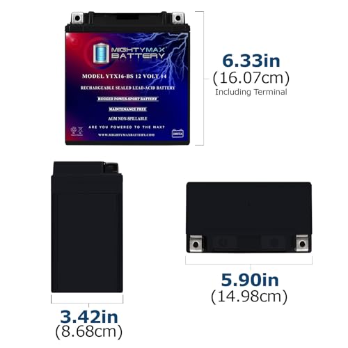 Image of Mighty Max Battery YTX16-BS -12 Volt 14 AH, 230 CCA, Rechargeable Maintenance Free SLA AGM Motorcycle Battery
