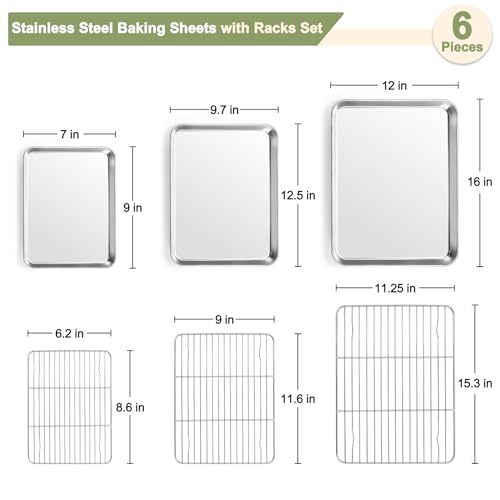 TeamFar Baking Sheet with Rack Set, Stainless Steel Cookie Sheet Baking Pans with Cooling Rack, Non Toxic & Healthy, Rust Free & Heavy Duty, Mirror Finish & Easy Clean, Dishwasher Safe - 6 Pieces by TEAMFAR - Image 2