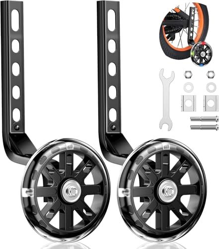 Children's Bicycle Adjustable Training Wheels Flash Mute Wheel Bicycle Stabilizer Mounted Kit, for 12 14 16 18 20-inch Bikes, 1 Pair (Black)