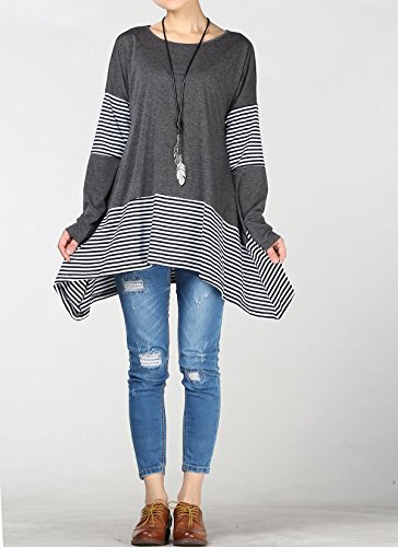 Mordenmiss Women's Stripes Asymmetry Tunic Swing Flowy Plain T-Shirt Top (3XL, Dark Gray)