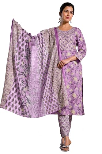 Image of MIRCHI FASHION Women's Straight Fit Pure Cotton Jaipuri Floral Printed Sequins Thread Work Kurta Set with Dupatta and Trouser