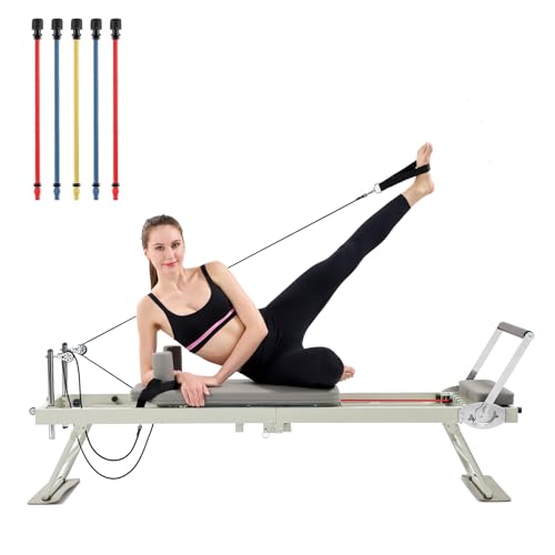 Pilates Reformer Machine Home Indoor Workout Machine,Grey Foldable Pilates Reformer Equipment for Home Gym Cardio Fitness Personal Indoor Sport Apparatus Gift Choice for Family