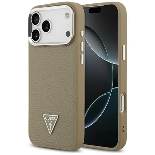 CG MOBILE Guess Coque avec logo triangle grainé compatible avec MagSafe pour iPhone 17 Pro Max (marron)