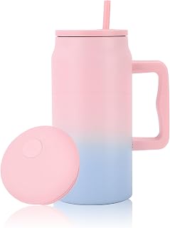50 oz Insulated Tumbler with Handle and Straw, Stainless Steel Vacuum Travel Mug, Double Wall Large Water Bottle, Leak Resistant Cup for Coffee, Water, Tea, Office, Gym & Outdoor(Bule&Pink, 1.5L)
