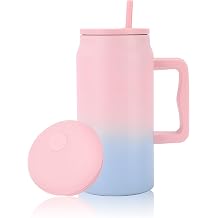 50 oz Insulated Tumbler with Handle and Straw, Stainless Steel Vacuum Travel Mug, Double Wall Large Water Bottle, Leak Resistant Cup for Coffee, Water, Tea, Office, Gym & OutdoorBule&Pink, 1.5L