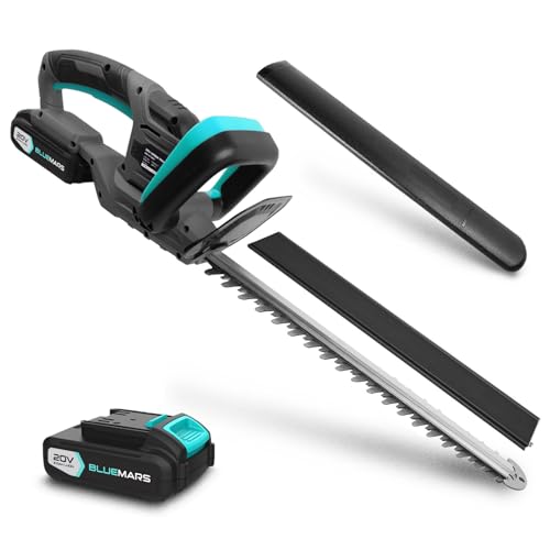 BlueMars 20V Cordless Hedge Trimmer & Cutter – Electric Hedge Trimmer for Hedges, Shrubbery, Bushes – Hedge Cutter Cordless for Garden – Included 2.0AH Battery & Charger, Blade Cover, Storage Plate