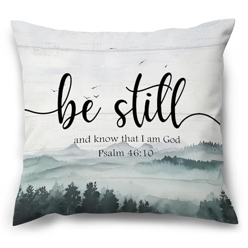 MNASAIOO Christian Mountain Woods Decorative Throw Pillow Covers, Bible Verse Be Still and Know That I Am God Pillows Covers, Religious Rustic Pillow Cases Decor for Prayer Room Couch Bedroom 18x18in