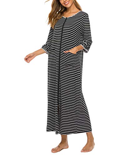 House Dress Plus Size Robes For Women Bathrobe Zip Front House Coat Stripped Long Nightgown With Pocket Mumu Dress Kaftan Loungewear #TOP1