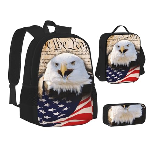 nanger Patriotic Bald Eagle With American Flag Print 3-Piece Set Backpack, Lunch Bag And Pencil Case, For Travel, College, And Daily Use2