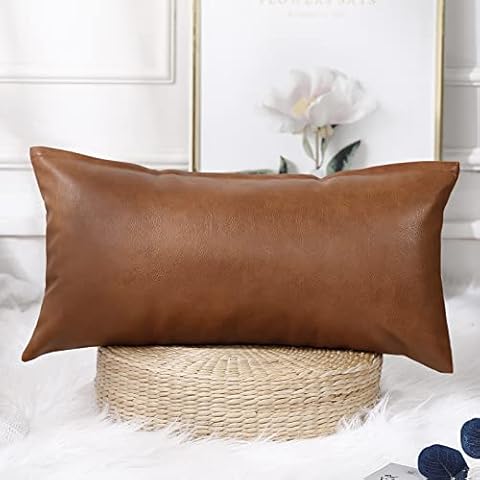 PANOD Decorative Lumbar Throw Pillow Covers 12 x 26,Premium Faux Leather Long Pillow Covers Cushion Case for Farmhouse Sofa Couch Bed Livingroom,Modern Boho,Vegan Brown Cover