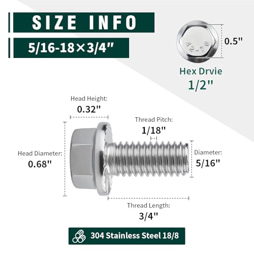 Image of 5 /16-18 x 3 /4 inch Flanged Hex Head Bolts Screws, 304 Stainless Steel 18-8, Full Thread, Coarse Thread, 12 PCS