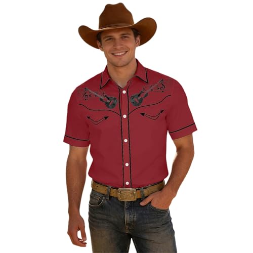 Générique Chemise de Cowboy Brodée pour Homme Boutonnée Chemise Western à Revers Rétro Manches Courtes Décontracté Stretch Chemises Country Chemisette...