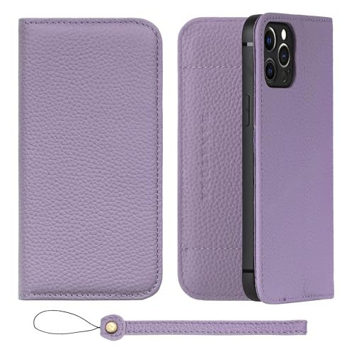 HANATORA iPhone12ProMax ケース 手帳型 本革 スマホケース スマホ スタンド ストラップ 付き シュリンクカーフレザー ギフト ベルトなし マグネットなし パープル H1SPA-12ProMax-Purple ギフト 誕生日ギフト