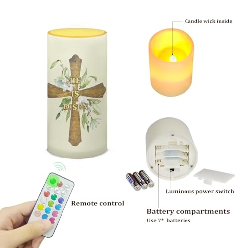 Image of Flameless LED Candle Flickering Wick Electric Candles with Remote Timer Color Changing 5.9 Inches Pillar Candle for Home Table Centerpiece Easter Day Decoration, He is Risen Lily Cross