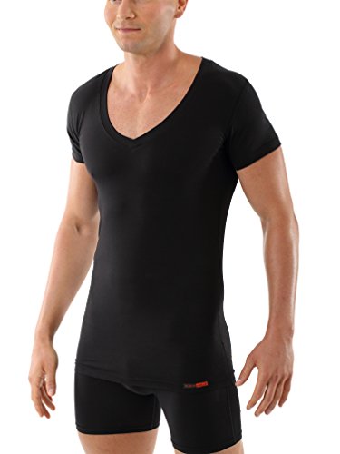 Men's deep v-Neck Business Undershirt with Short Sleeves Stretch Cotton Black
