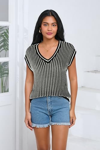 Image of SAUKOLE Women's Sweater Vest Casual V Neck Cap Sleeve Knit Pullover Tops | 2026 Spring Clothes, Soft Knit Shirts, Short Sleeves T-shirts, Tunic Blouses, Sweater Tank Tops
